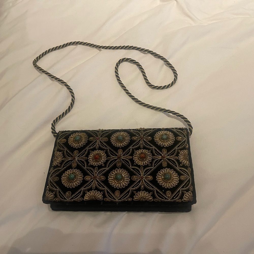 Vintage Embroidered and beaded Black and Gold Women's Bag
